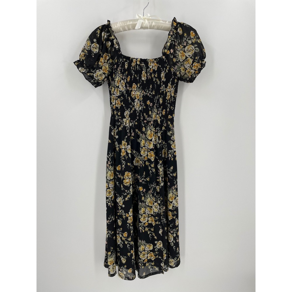 Sincerely Black Yellow Floral Smocked Puff Sleeve Midi Dress Cottagecore Small